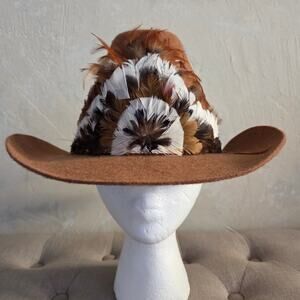 VTG Car-Lop Sombreros Wool Felt Feather Band Western Cowboy Hat Tan✨️58 (7 1/4)